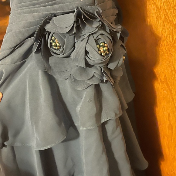 Camille La Vie Gathered Chiffon Ruffle Gown Dark Teal Dress - Picture 8 of 8